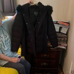 Michael Kors Black Puffer Coat with Fur Trim